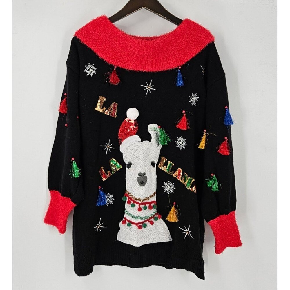 Holiday Time Ugly Christmas Sweater Sz L Sequins Tassels Fuzzy White Llama